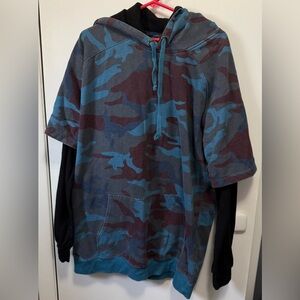 King Size Blue Camo Black Thermal Layered Look Hoodie Sweatshirt Sz XLT XL Tall